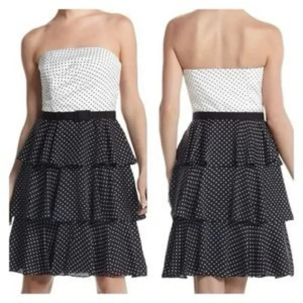White House Black Market | Black White Polka Dot Strapless Ruffle Dress Size 4